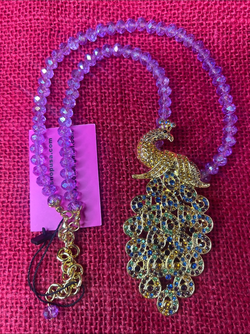 Glam Gold Peacock Pendant Necklace with Purple Beads